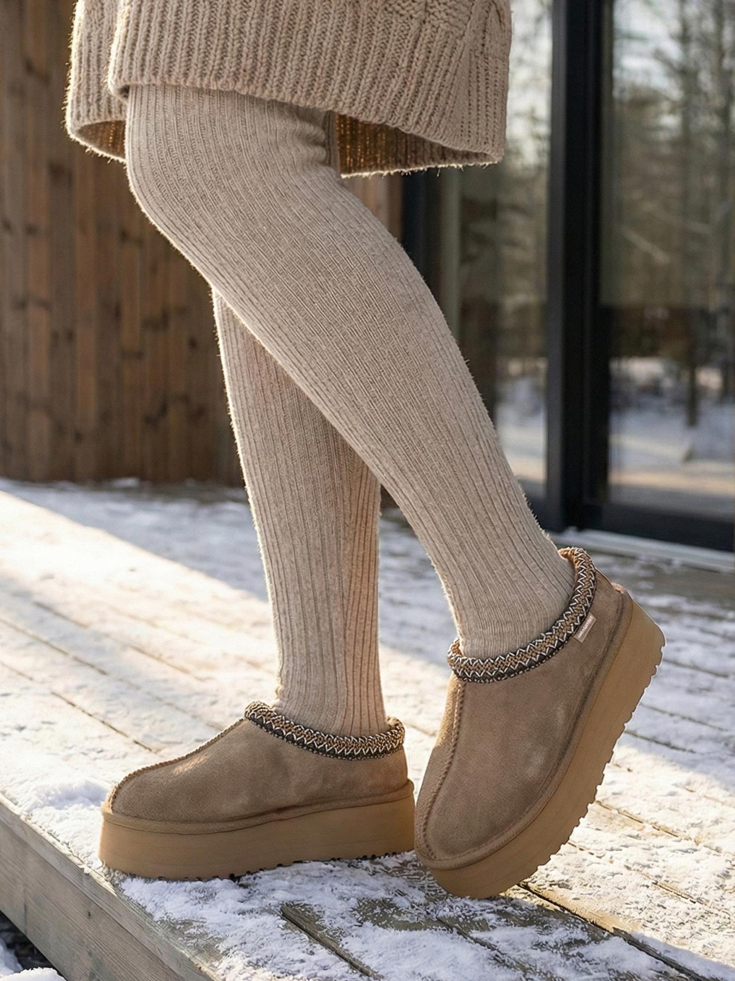 04343 Chestnut Platform Suede Wool Slippers